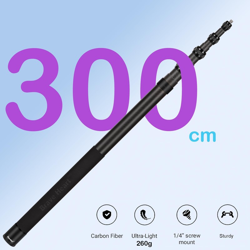 Varilla para selfie de 3 m, fibra de carbono, invisible,