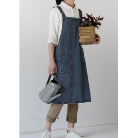 NEWGEM Cotton Denim Cross Back Apron Jean with Pockets for Women Men Chef Kitchen Cooking Gardening Navy Blue