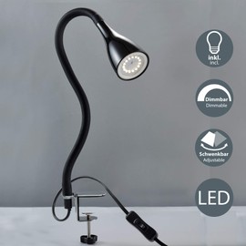 LED clamp light including 1x GU10 5W 400lm dimmable bed light with 3 brightness levels 360° flexible neck, reading lamp for bedroom, office, metal, plastic