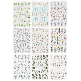 JMEOWIO 9 Sheets Colorful Flower Nail Art Stickers Decals Self-Adhesive Spring Summer Floral Nail Supplies Design Decoration Accessories