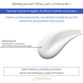 DermEden - Total make-up remover milk lotion 150 ml - 2 in 1 - removes impurities, residues and waterproof make-up - works against the signs of ageing - French production