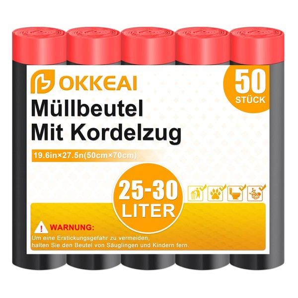 OKKEAI Schwarz Müllbeutel 25L mit Zugband Müllsäcke 30L Mülltüten,50 Stück