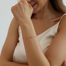 Mauzew 18K Gold Plated Beaded Cross Bracelet for Women Christian Rosary Cross Bracelets Dainty Stainless Steel Minimalist Faith Jewelry Gift White