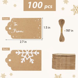 100pcs Christmas Gift Name Tags with String to and from Vintage Kraft Paper Snowflake Design Brown Large Christmas Tags for Gifts