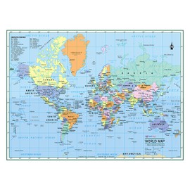World Wall Map Political Color Poster 22"x17" - Large Type Rolled Paper