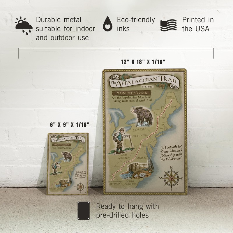 Lantern Press 6x9 Inch Metal Sign, Appalachian Trail Map