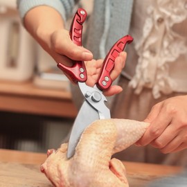 SCAIKTIG Heavy Duty Kitchen Shears, Detachable Poultry Shears with Serrated Edge, Spring-Loaded Stainless Steel Chef Scissors Cutting Bone, Chicken, Fish, Food, Meat, Burgundy Full Steel Handle