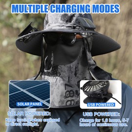 Solar Fan Hat, Wide Brim Solar Fan Outdoor Fishing Hat with Removable Neck Flap and Face Cover for Fishing, Hiking, Camping Grey