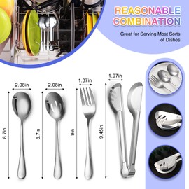Patelai 8 Pieces Stainless Steel Serving Utensils Set 8.7" Large Spoons and Slotted Spoon 9.45" Tong 9" Serving Forks Flatware Wedding Party Buffet Banquet Cooking Kitchen Catering (Silver)