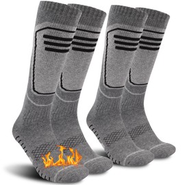 Funyord 2 Pairs Merino Wool Ski Socks for Men, Compression Snowboard Socks, Knee High, Thick Thermal Socks for Cold Weather, Breathable, gray