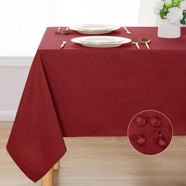 DWCN Rectangle Faux Linen Tablecloth - Textured Waterproof Spill-Proof Wrinkle and Stain Resistant Table Cloth Decorative Fabric Farmhouse Table Cover for Kitchen Dining Party, 54 x 80 Inch, Red