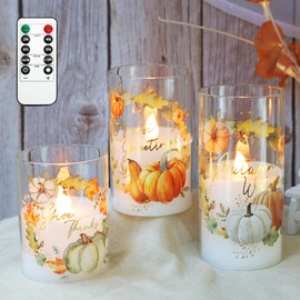 GORGE MOMENT Flameless LED Candles for Fall with Remote Timer Set of 3 Thanksgiving Gift Decorations Warm Lights DIM Home Decor Battery Operated Pumpkin Maple Leaves Painting Harvest Ornament Autumn