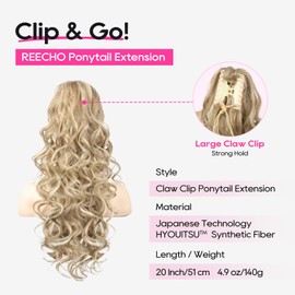 REECHO Ponytail Extension, 24" Claw Clip in Ponytail Extensions Long Curly Wavy Jaw Clip on Pony Tails Hairpiece for Women, Honey Blonde with Highlights