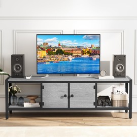 GAOMON 65" TV Stand for TV up to 75 Inches, Large TV Console Table with 2 Closed Storage Spaces and Open Compartments, Wooden Entertainment Center with Adjustable Feet for Living Room, Bedroom, Grey