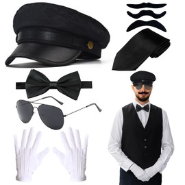 8Pcs Chauffeur Accessories Set, Novelty Limo Driver Costume Fancy Dress Kit with Black Taxi Driver Hat Sunglasses Bow Tie Gloves Fake Beard for Adults 1920s Gangster Theme Party Cosplay Dress up Party