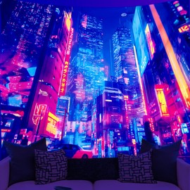 WEBEEDY Cyberpunk Wandteppich Schwarzlicht Wandteppich Neonstadt UV Reaktives Wandposter Fantasie Stadtbild Futuristische Wandteppiche Raumdekoration Für Zuhause Wandkunst 150x130cm