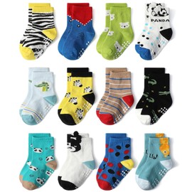 Baby Non Slip Toddler Socks, 12 Pairs Soft Cotton Crew Socks For 0-1/1-3/3-5/ Years Old Boys Girls Kids Children Breathable Infant Ankle Socks with Grips For Baby Boy Girl