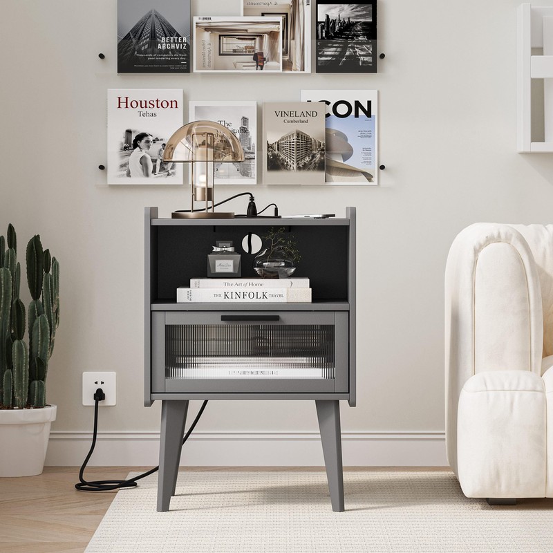 MMEOLUOOK Nightstand with Charging Station, Bedside Tables Grey End Table