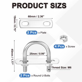 PATIKIL Round U-Bolts, 2 Pcs 0.98"(25mm) Inner Width 45mm Length M6 with Nut Plate Washer 304 Stainless Steel Round Bend U-Bolts for Boat Trailer Axle Sailboat