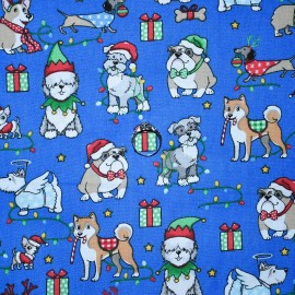 Fabric Traditions BonEFul Fabric FQ Cotton Quilt Blue Red Kid Puppy Dog Bone Santa Hat Gift Lights