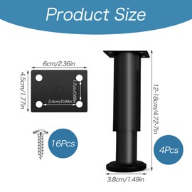 Furniture Feet, Adjustable, Pack of 4 Cabinet Feet, 12-18 cm, Height Adjustable Furniture Feet, Black Furniture Feet, Metal Replacement Furniture Legs, Maximum Load 300 kg, Adjustable Feet for