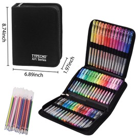Typecho 96 Color Artist Gel Pen Set with Portable Travel Case, Includes 24 Glitter, 10 Metallic, 7 Neon, 6 Pastel, 1 Classic Red, plus 48 Matching Color Refills,Back to school supplies
