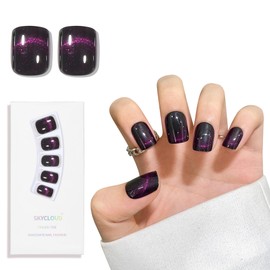 Dark Purple Track Cat Eyes Press On Nails,12 Sizes - 24 Pcs Soft Gel Short Purple Black Square Fake Nails Kit with Nail Glue, Natural Reusable Stick On False Nails for Women and Girls SK1006