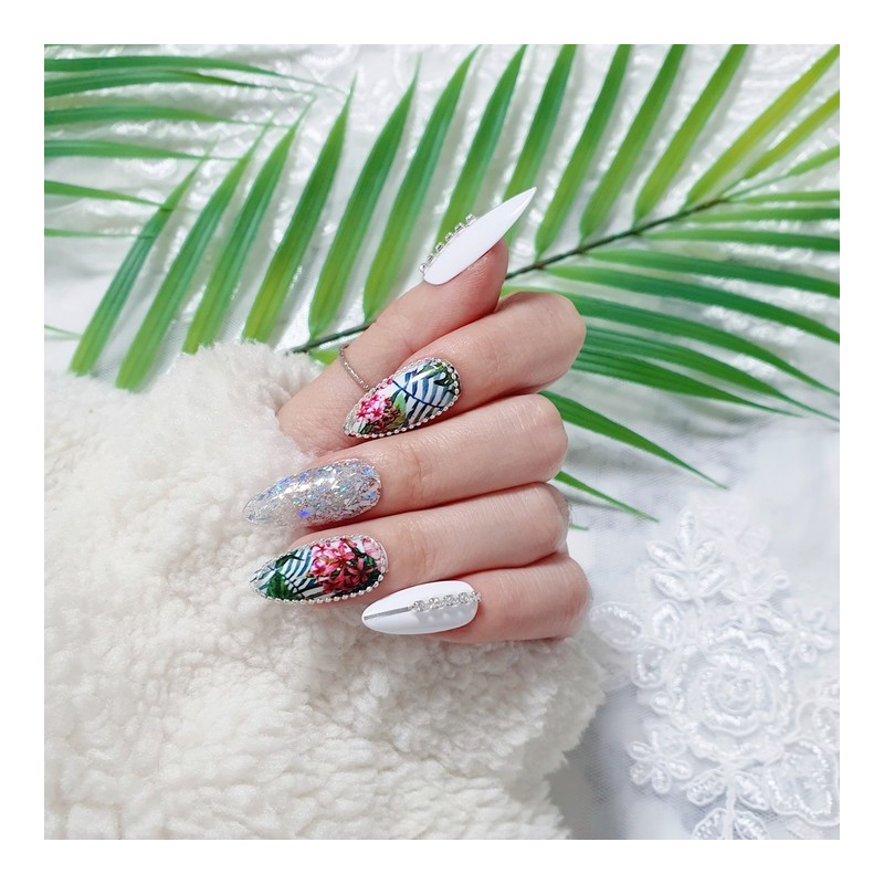 Summer Discount Tropical Handmade Nail Tips - White Gloss /