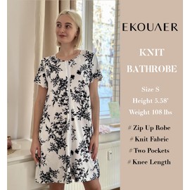 Ekouaer Womens' Zipper Robe Short Sleeve Bathrobes Summer Sleepwear Soft Housecoat with Pockets Zip Up House Robes Floral White L