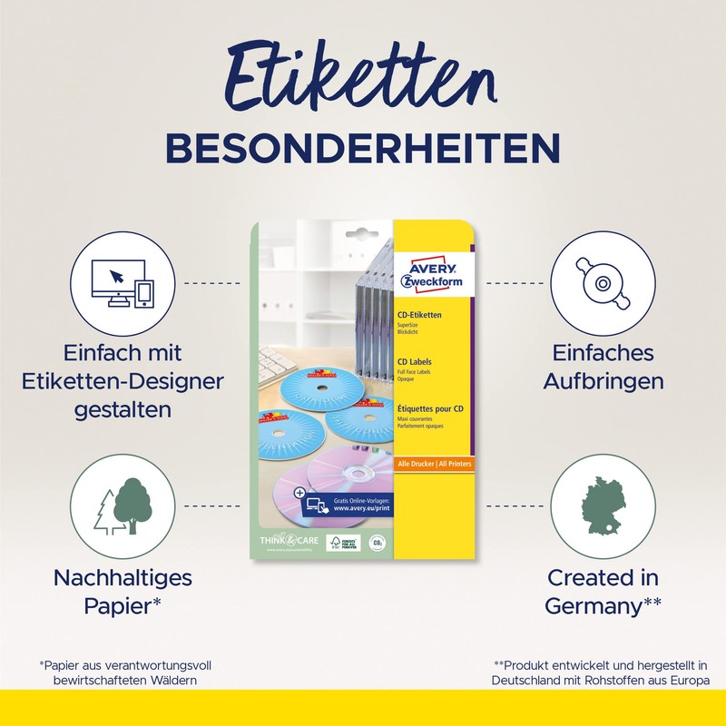 AVERY Zweckform L7676A-40P selbstklebende CD-Etiketten (80 blickdichte CD-Aufkleber, Ø 117mm