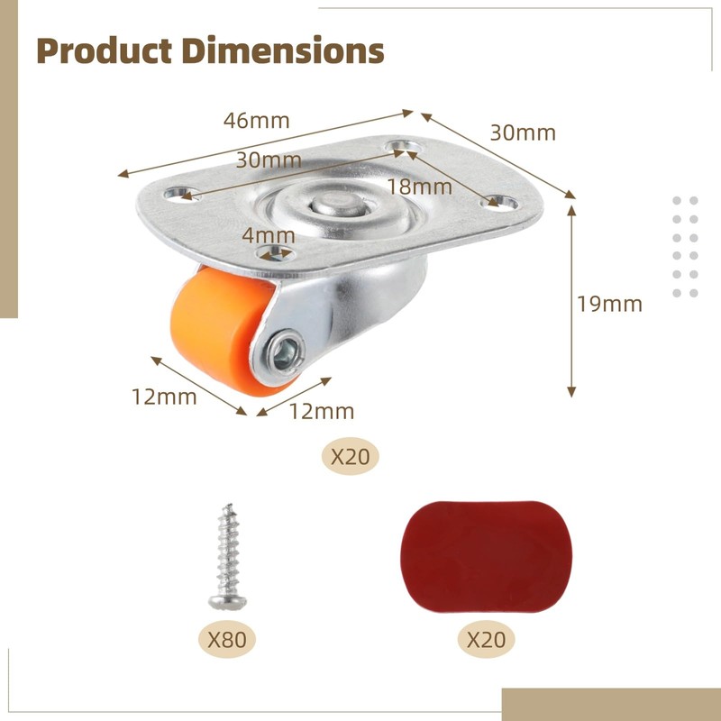 Mini Swivel Caster Wheels, 360 Rotatable, 20 PCS 0.47'' Self-Adhesive