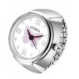 JewelryWe Ring Watch Finger Watch Elastic Butterfly – Women's Analogue Quartz Finger Ring Watch Ring Watch Ring with Butterfly Roman Numerals Dial and Silver/Gold Alloy Elastic Band, Silver pink