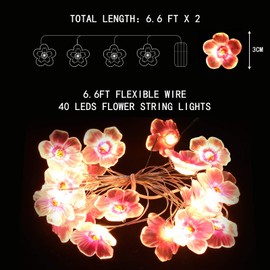 2 Pieces 6.6 Feet 20 LEDs Flower String Lights Fairy Pink Color Cherry Blossom String Lights Wire Battery Powered String Lights for Valentine's Day Wedding Nursery Girls Bedroom Decoration