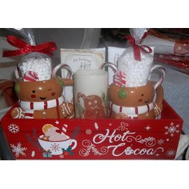 Hot Cocoa Box Gift Basket 2 Mugs Peppermint Spoon Marshmallows Candy Cane Candle