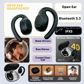 VOHECHS True Open Ear Wireless Headphones, Bluetooth 5.3 Earbuds with Ear Hooks - Premium Stereo, 40Hrs Battery Life, LED Display – Comfort, Crystal-Clear Calls for Driving, Grey Black