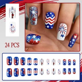 Independence Day Fireworks Press on Nails Medium Square Fake Nails American Flag Eagle Stars Patter False Nails Full Cover Glossy 4th of July for Women Patriotic Manicure Decoration 24Pcs