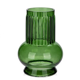 Green Ribbed Glass Vase, 7" x 3.5" Thickened Modern Flower Fluted Vase Hydroponic Ornament Arrangement for Home Living Room Wedding Centerpieces Office Table Decor