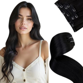 LaaVoo Human Hair Clip in Extensions Jet Black Clip in Hair Extensions Human Hair Jet Black Remy Human Hair Clip in Extensions Silky Straight 18 Inch 5pcs/80g