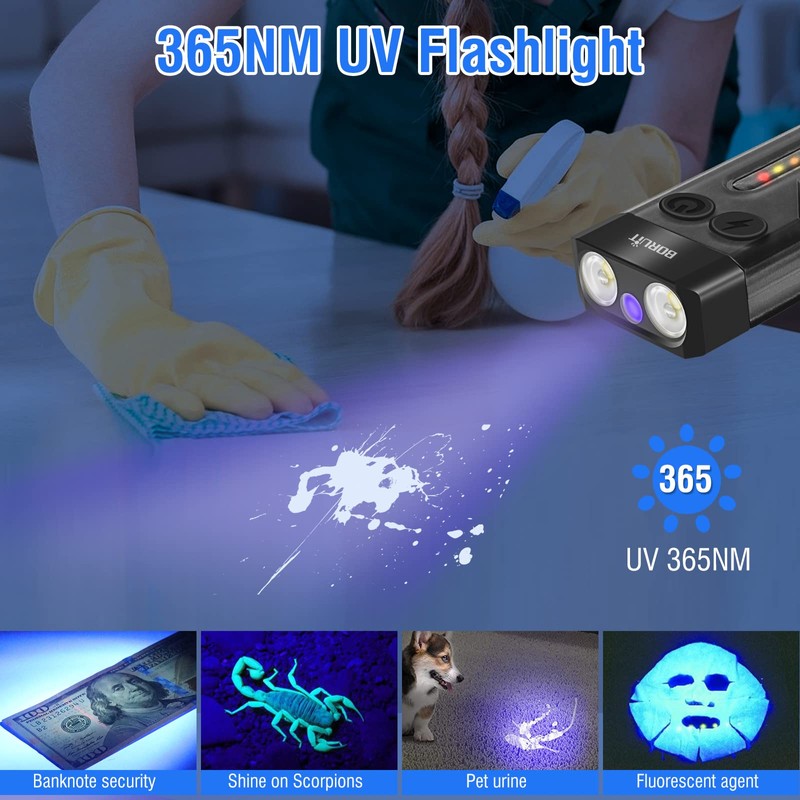 BORUIT V10 Small Powerful Flashlight with 365nm UV Black Light