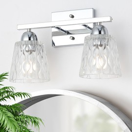 Mecgirn Stainless Steel Bathroom Vanity Light Over Mirror, 2 Light Polished Chrome Bathroom Light Fixtures with Textured Glass Shades, Modern Vanity Lighting Wall Mount