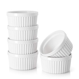 DOWAN Ramekins 6 oz Oven Safe - 6 oz Ramekins for Creme Brulee Souffle, Ceramic Ramekins for Baking, Classic Style Ramekins Bowls, Set of 6, White