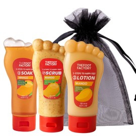Foot Soak, Scrub, and Lotion Set – Nourishing Foot Care Kit for Soft, Smooth Feet | Exfoliating, Hydrating, Relaxing Spa Treatment for Dry, Tired Feet | Perfect for Home Pedicures (One Size, Mango)