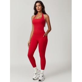 RXRXCOCO Open Back Workout Sets for Women 2 Piece Halter Tank Tops Hidden Scrunch Leggings Matching Set with Pockets Red Large