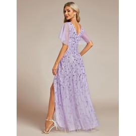Ever-Pretty Women's Maxi Evening Dresses Sequin Embroidered Double V Prom Dress with Ruffles Sleeve Bridesmaid High-Low Dress Lavender 22UK