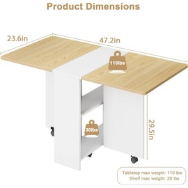 IDEALHOUSE Folding Dining Table, Drop Leaf Table with 6 Wheels and 2-Layer Storage Shelf, Space Saving Dining Table for Small Spaces (Natural Wood, 47.2" D x 23.6" W x 29.5" H)