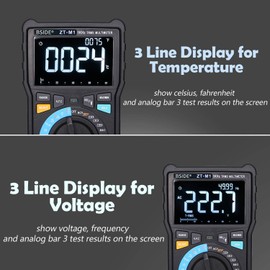 BSIDE EBTN LCD Digital Multimeter 3-Line Display Large Screen True RMS 8000 Counts Auto-Ranging DMM VFC Temperature Capacitance Volt Amp Ohm Hz Battery Tester with Analog Bar & Alligator Clip