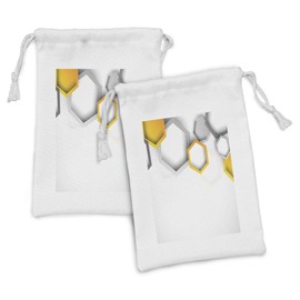 Lunarable Abstract Fabric Pouch Set of 2, Geometrical Hexagonal Beeswax Shaped Modern Cool Artwork, Small Drawstring Bag for Toiletries Masks and Favors, 9" x 6", Grey Yellow and White