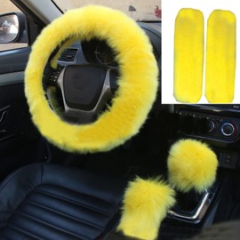 YSLSLOO 1 Set 5 Pcs Fluffy Steering Wheel Cover Set & Handbrake Cover & Gear Shift Cover Set & Seat Belt Shoulder Pads Car Interior Furry Steering Wheel Covers Fit for 15 Inch (Yellow)