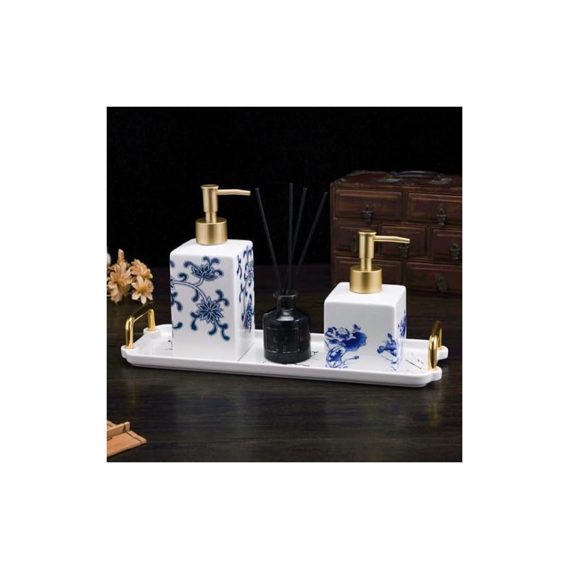 JHNIF Blue and White Porcelain Lotion Bottle with Gold Pump,