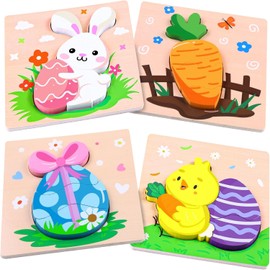 DIYDEC Pack of 4 Wooden Puzzles for Toddlers, Easter, Educational Wooden Puzzle, Rabbit, Chicken, Carrot, Egg, Puzzle Wooden Montessori Toy, Toddler Learning Toy for Baby, Children, Easter Gift